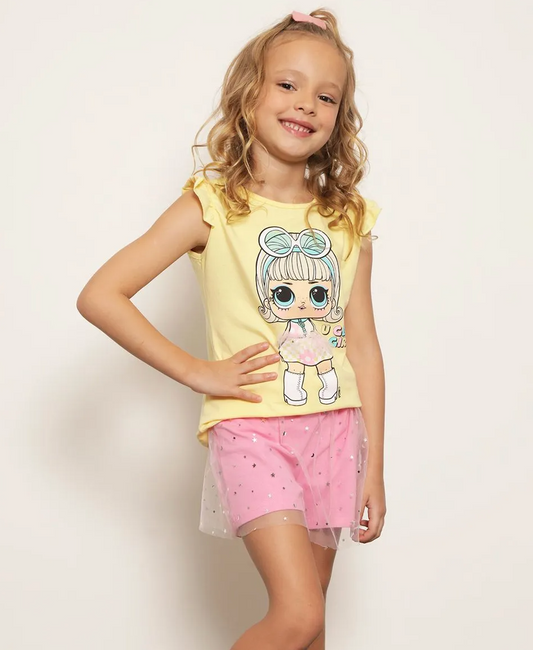 Conjunto Infantil Curto Estampa Interativa LOL Amarelo