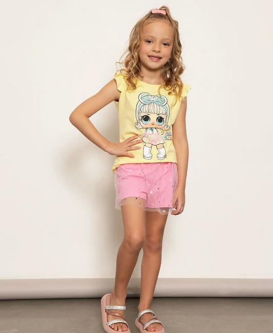 Conjunto Infantil Curto Estampa Interativa LOL Amarelo
