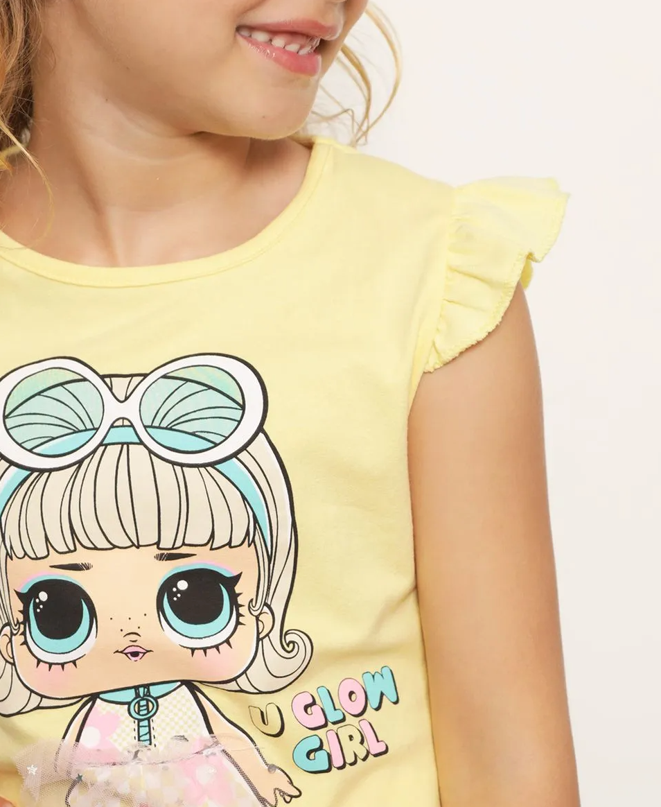 Conjunto Infantil Curto Estampa Interativa LOL Amarelo