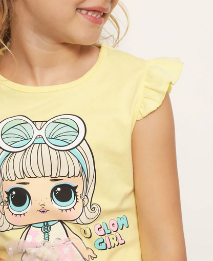 Conjunto Infantil Curto Estampa Interativa LOL Amarelo